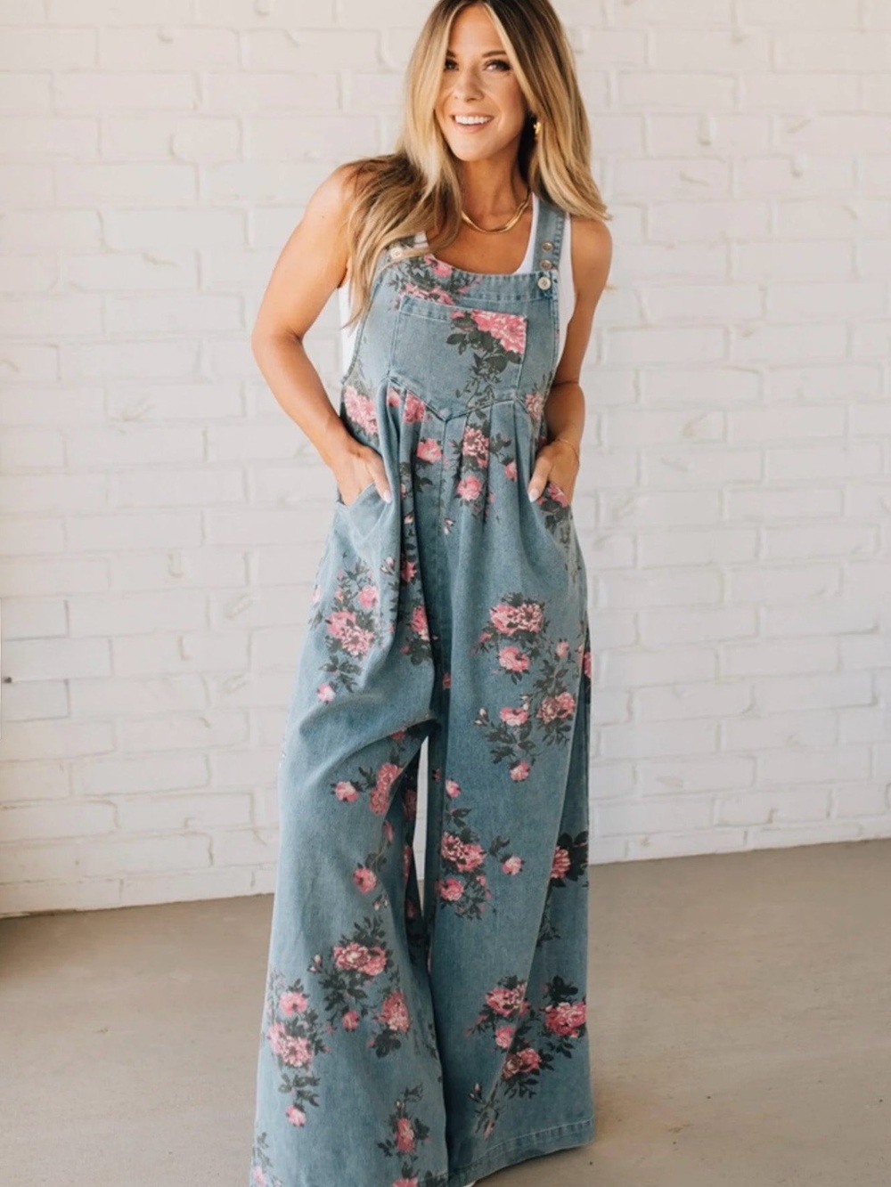 BiBi Denim Overalls with Pink Floral Accents